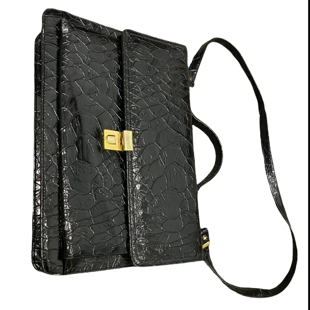 Black 1980’s Vintage anima embossed leather portfolio/briefcase/laptop case - Picture 2 of 6